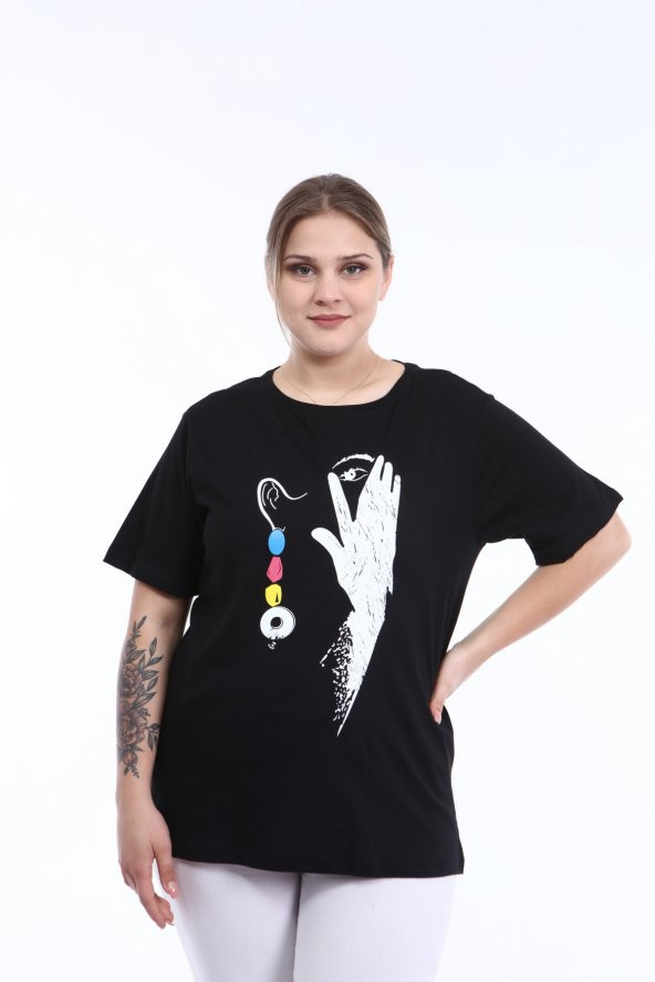 PianoLuce Kadın Büyük Beden Baskılı Yarım Kol T-shirt Siyah PLWM21TS005