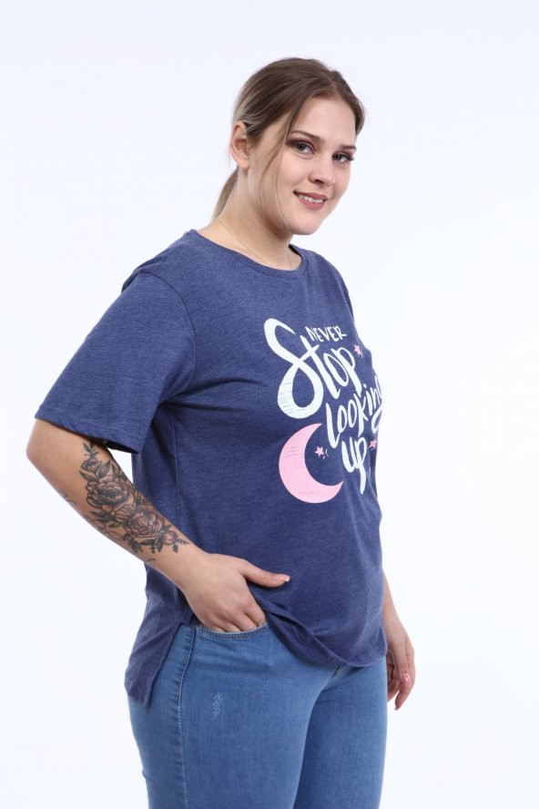 PianoLuce Kadın Büyük Beden Baskılı Yarım Kol T-shirt İndigo PLWM21TS011 - 2