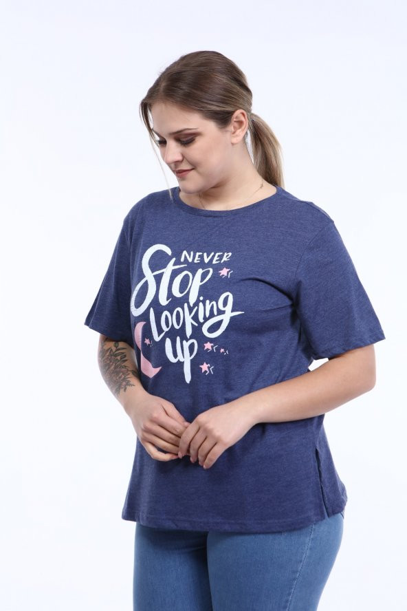 PianoLuce Kadın Büyük Beden Baskılı Yarım Kol T-shirt İndigo PLWM21TS011 - 3