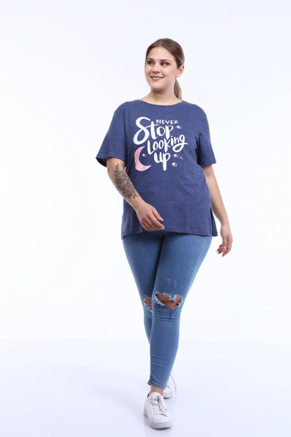 PianoLuce Kadın Büyük Beden Baskılı Yarım Kol T-shirt İndigo PLWM21TS011 - 5