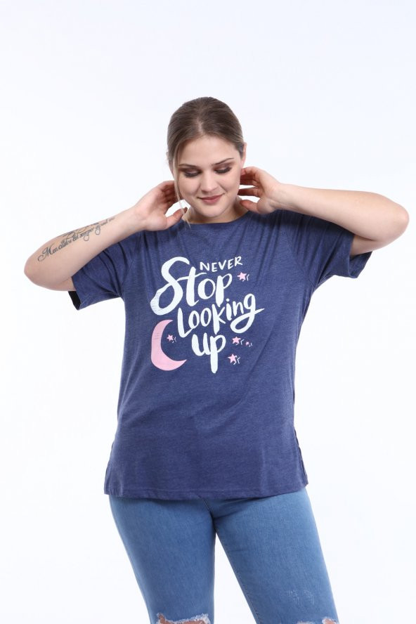 PianoLuce Kadın Büyük Beden Baskılı Yarım Kol T-shirt İndigo PLWM21TS011 - 6