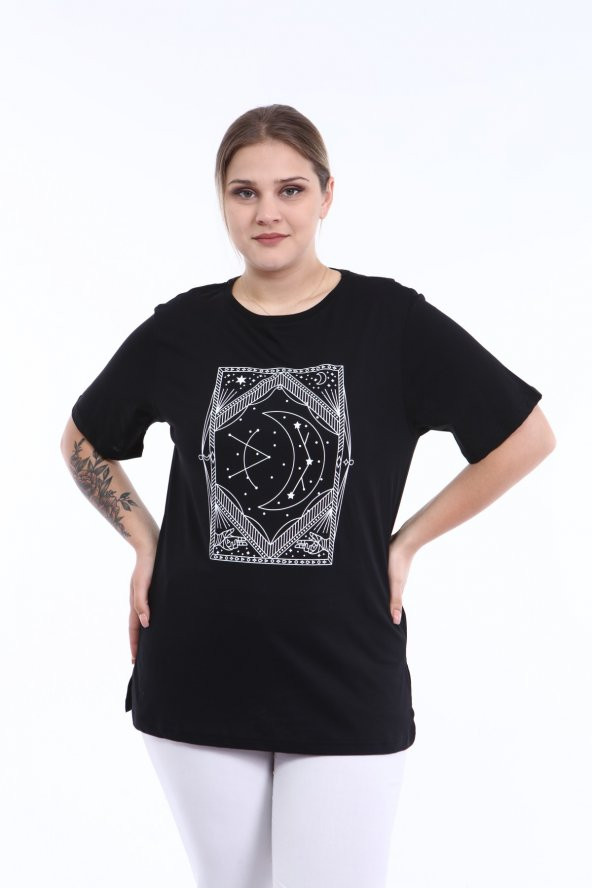 PianoLuce Kadın Büyük Beden Baskılı Yarım Kol T-shirt Siyah PLWM21TS012