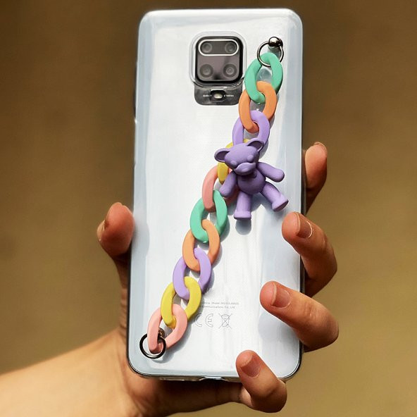 Realme 5İ Kılıf Renkli Zincir Aparatlı Ayıcık Süslü Casebear Süper Şeffaf Silikon