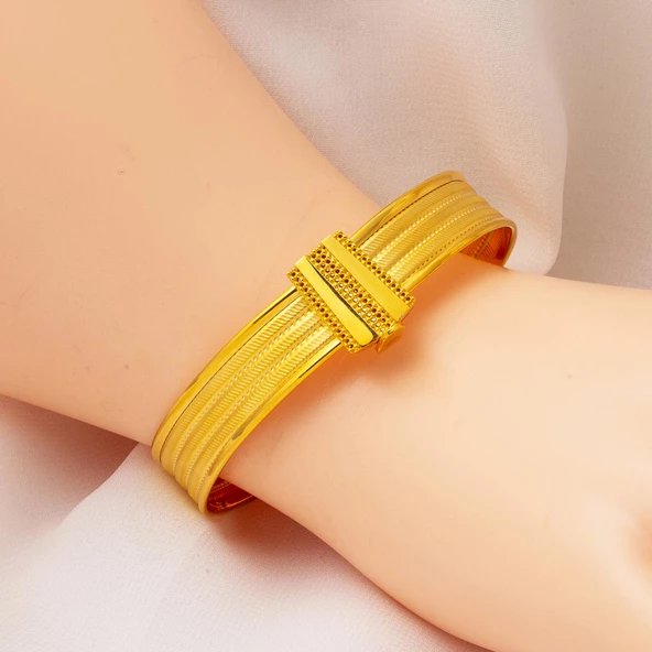 3 Sıralı Hasır Kelepçe Altın Bilezik - Resim 2