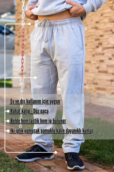 Erkek Açık Gri Bol Paça Rahat Regular Kalıp Yarım Fermuarlı Pamuklu Eşofman Takım 21EESTYAKT - 3