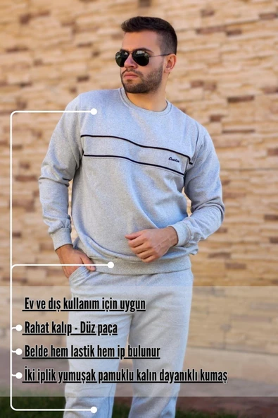 Erkek Açık Gri Rahat Kalıp Nakış Detaylı Sweat Eşofman Takımı 21EESTBAKT - 3
