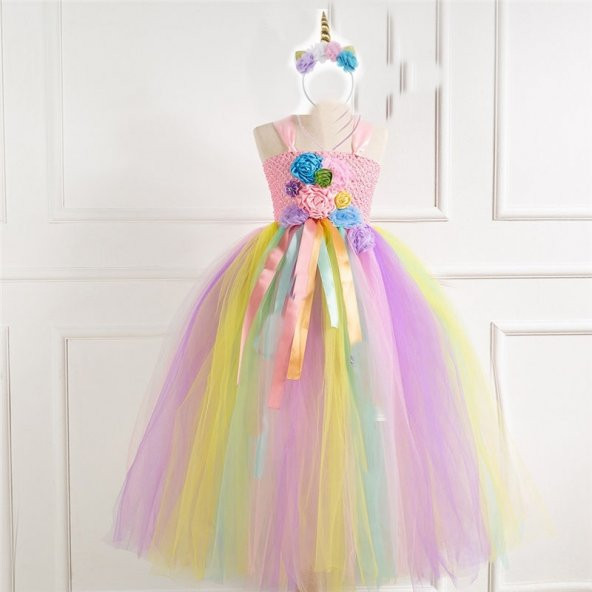 pembe unicorn tütü elbise kız çoçuk elbise ve taç hediye - 3