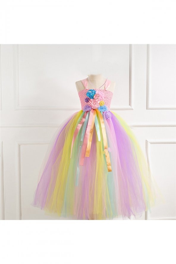 pembe unicorn tütü elbise kız çoçuk elbise ve taç hediye