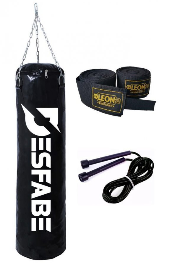 Desfabe Boxing Star 70x25 Cm Zincirli Boks Kum Torbası Siyah+El Sargı Bandajı+Atlama İpi