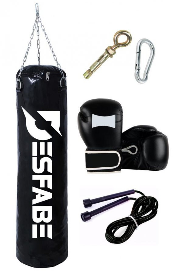 Desfabe Boxing Star 70x25 Cm Zincirli Boks Kum Torbası Siyah+Askı Aparatı+Boks Eldiveni+Atlama İpi