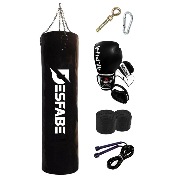 Desfabe Boxing Star 120x32Cm Zincirli Boks Kum Torbası Siyah+Aparat+Boks Eldiveni+Bandaj+Atlama İpi