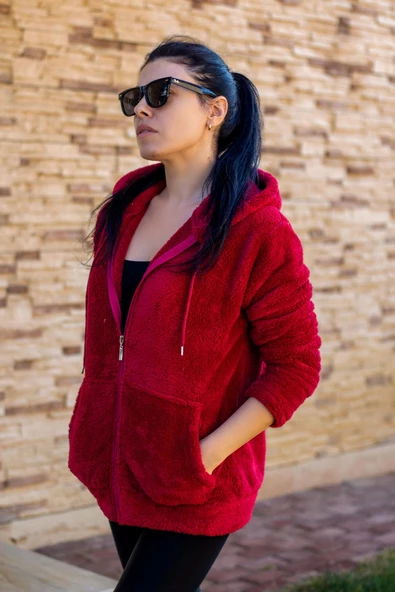 Kadın Kırmızı Peluş Yumoş Fermuarlı Kapüşonlu Cepli Welsoft Ceket 22KCKTERES - Resim 4