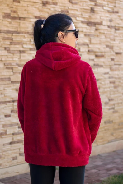 Kadın Kırmızı Peluş Yumoş Fermuarlı Kapüşonlu Cepli Welsoft Ceket 22KCKTERES - Resim 5