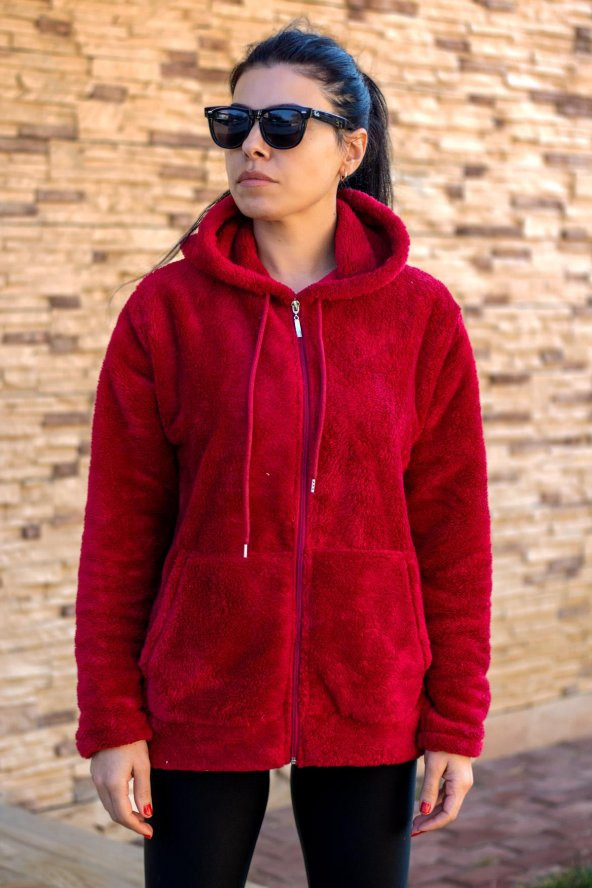 Kadın Kırmızı Peluş Yumoş Fermuarlı Kapüşonlu Cepli Welsoft Ceket 22KCKTERES