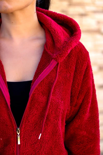 Kadın Kırmızı Peluş Yumoş Fermuarlı Kapüşonlu Cepli Welsoft Ceket 22KCKTERES - Resim 6
