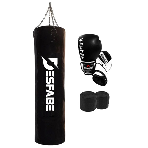 Desfabe Boxing Star 120x32 Cm Zincirli Boks Kum Torbası Siyah+El Sargı Bandajı+Boks Eldiveni