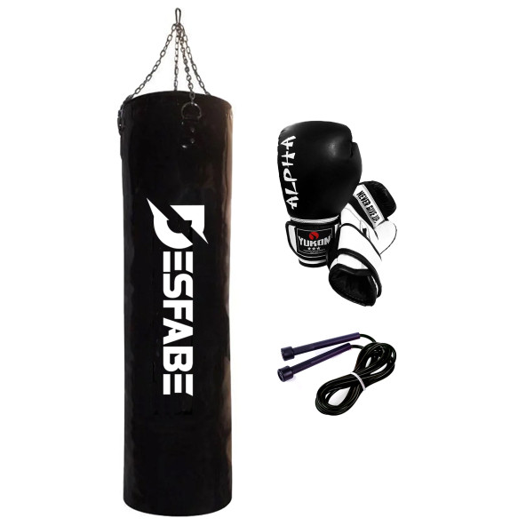 Desfabe Boxing Star 120x32 Cm Zincirli Boks Kum Torbası Siyah+Atlama İpi+Boks Eldiveni