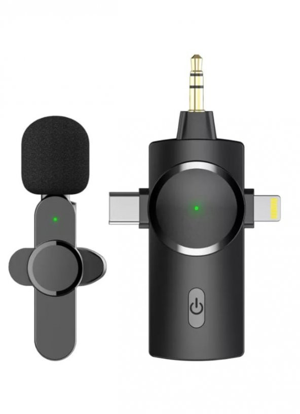 Kablosuz 3 in 1 Type C - Lightning- 3,5 mm Tek Mikrofon Cep Telefonu Yaka Mikrofonu