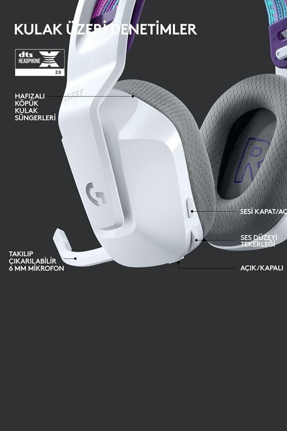 Logitech G733 LIGHTSPEED RGB Kablosuz 7.1 Surround Ses Oyuncu Kulaklığı - Beyaz - 5