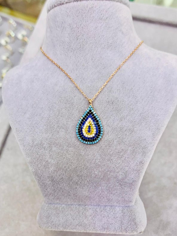 Damla Model Renkli Taşlı Gümüş Hediyelik Nazar Kolye