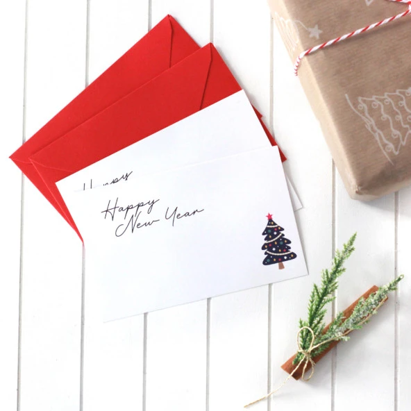 Yılbaşı çam figürlü zarflı kart seti, Happy New Year  4 adet (Lacivert)