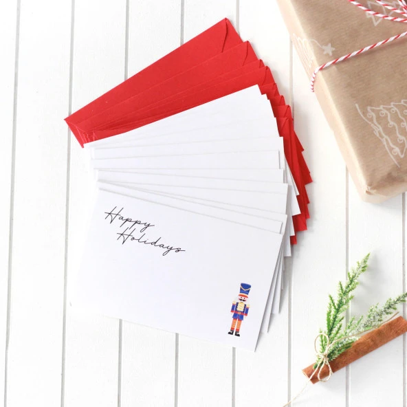 Yılbaşı fındıkkıran figürlü zarflı kart seti, Happy Holidays  12 adet (Lacivert)