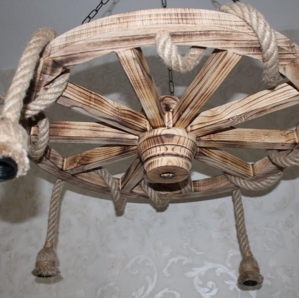 Otantik Çarşı Ahşap Halatlı Teker Avize 70 cm. 4  K05 - 3