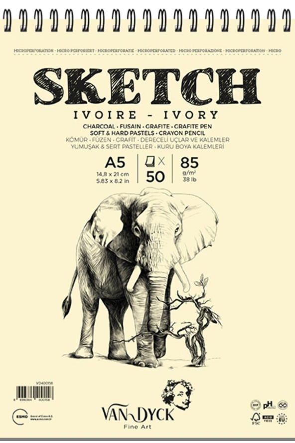 Van Dyck Skecth Çizim Blok A5 85 Gram 50 Yaprak Doku Üstten Spiralli