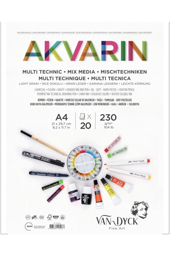 Van Dyck Sulu Boya Blok Multipurpose A4 Üstten Spiralli 20 Yaprak Çok Amaçlı Çizim Bloğu