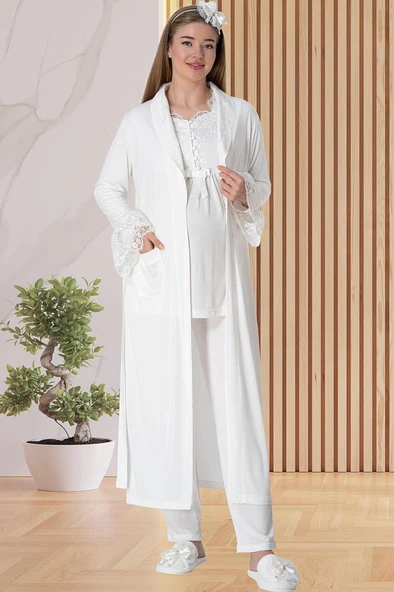 Mecit 5416 Bayan Hamile Lohusa Ekru Uzun Sabahlıklı Pijama Takımı - 5
