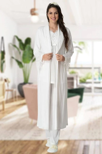 Mecit 5416 Bayan Hamile Lohusa Ekru Uzun Sabahlıklı Pijama Takımı - 3