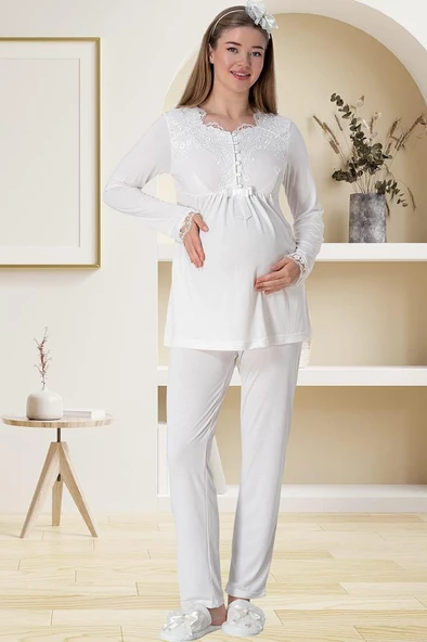 Mecit 5416 Bayan Hamile Lohusa Ekru Uzun Sabahlıklı Pijama Takımı - 6
