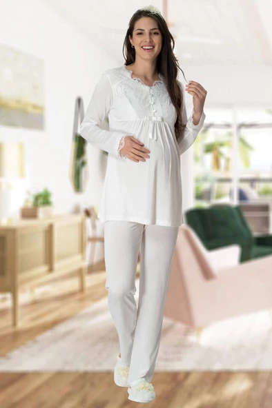 Mecit 5416 Bayan Hamile Lohusa Ekru Uzun Sabahlıklı Pijama Takımı - 2