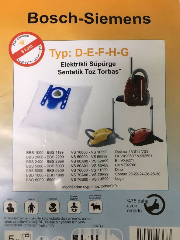Bosch Meysan BOSCH - SİEMENS D-E-F-H-G 5Lİ ELEKTRİKLİ SÜPÜRGE TOZ TORBASI - 3