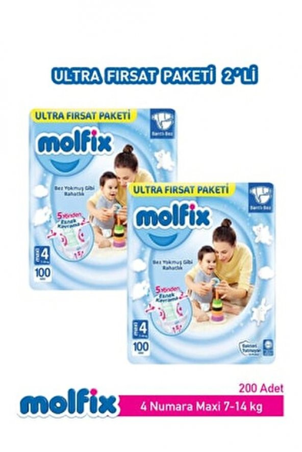 Molfix Bebek Bezi 4 Numara Maxi 100 Adet 7- 14 Kg  Ultra Fırsat Paketi -2li Paket
