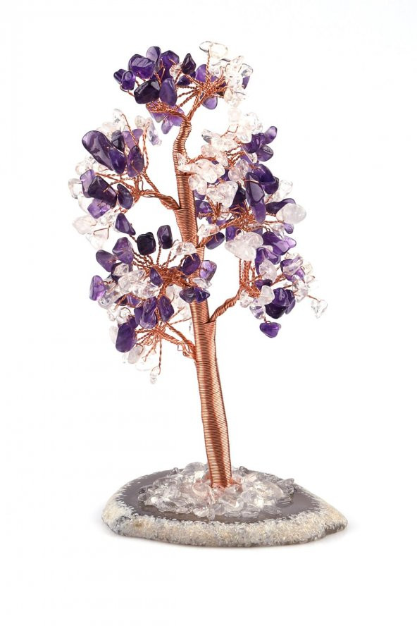 Kristal Kuvars - Ametist Doğal Taş Tel Sarmalı Tasarım Ağaç