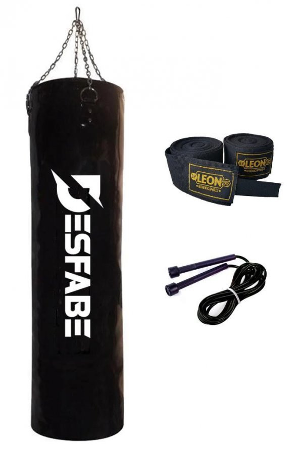 Desfabe Boxing Star 120x32 Cm Zincirli Boks Kum Torbası Siyah+El Sargı Bandajı+Atlama İpi