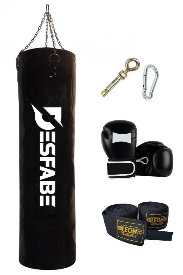 Desfabe Boxing Star 120x32 Cm Zincirli Boks Kum Torbası Siyah+Askı Aparatı+Boks Eldiveni+El Bandajı