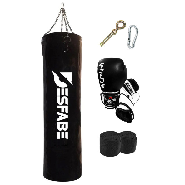 Desfabe Boxing Star 120x32 Cm Zincirli Boks Kum Torbası Siyah+Askı Aparatı+Boks Eldiveni+El Bandajı