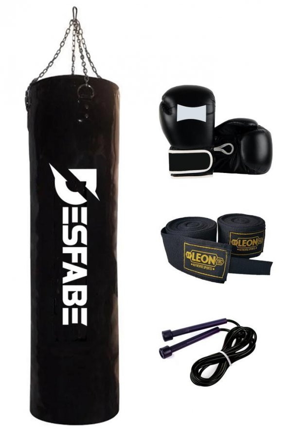 Desfabe Boxing Star 120x32 Cm Zincirli Boks Kum Torbası Siyah+El Bandajı+Boks Eldiveni+Atlama İpi