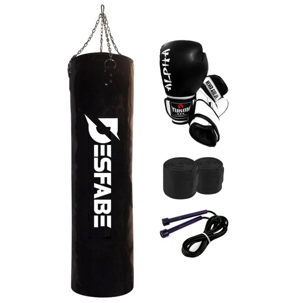 Desfabe Boxing Star 120x32 Cm Zincirli Boks Kum Torbası Siyah+El Bandajı+Boks Eldiveni+Atlama İpi