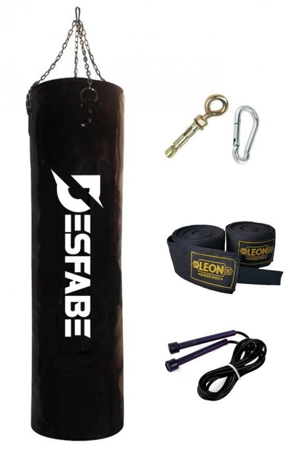 Desfabe Boxing Star 120x32 Cm Zincirli Boks Kum Torbası Siyah+Askı Aparatı+El Bandajı+Atlama İpi