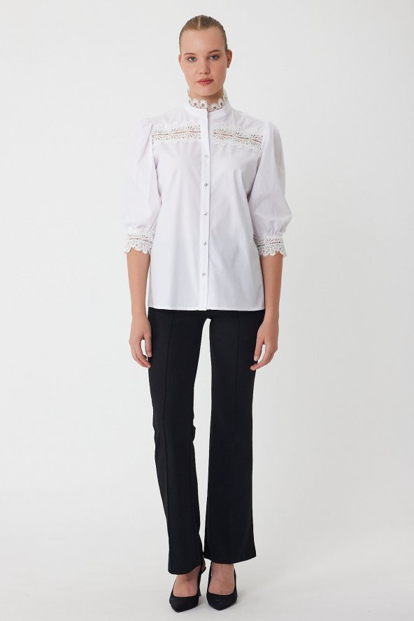 Lamia Donna Ön Kol ve Yakası Dantelli Cotton Beyaz Gömlek