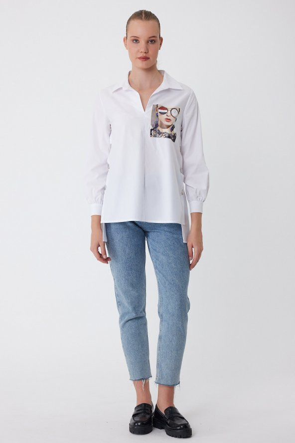 Lamia Donna Önü Baskılı Çıtçıtlı Cotton Beyaz Gömlek
