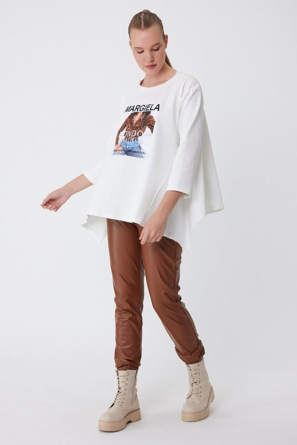 Lamia Donna Önü Baskılı Oversize İki İplik Beyaz Bluz