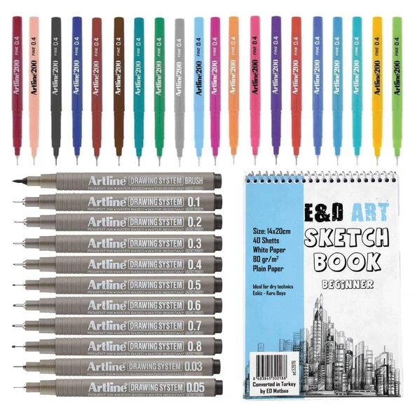 E&D ART ** Beginner Sketch Book A5 + Artline 200 20'li + Drawing 11'li Set ** ürün görseli