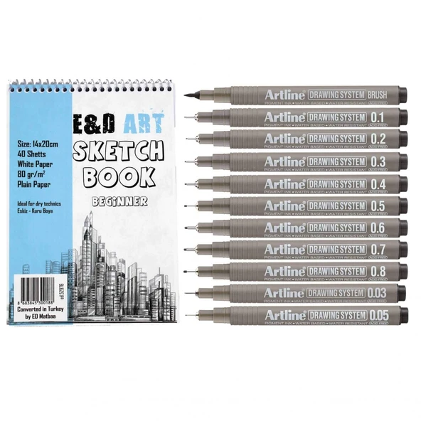 E&D ART Beginner Sketch Book + Artline Drawing 11'li Set ürün görseli