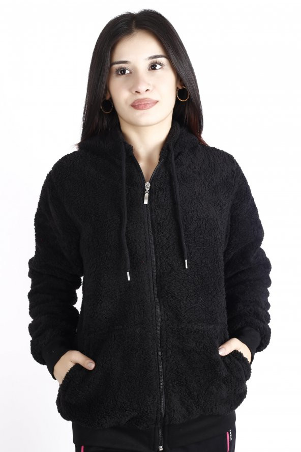 Kadın Siyah Peluş Yumoş Fermuarlı Kapüşonlu Bel Bilek Ribanalı Welsoft Ceket 22KCKTARAS