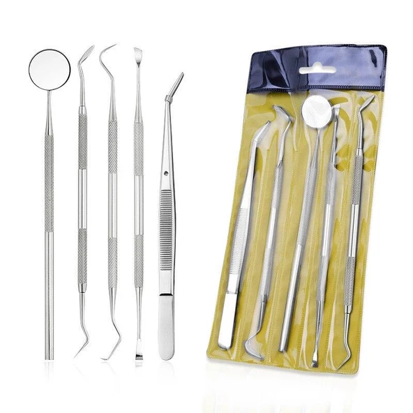 Valkyrie 5 Parça Paslanmaz Çelik Diş Temizleme Ağız Bakımı 5 Li Set Ayna Orak Skaler Spatula Cımbız Seti - 2