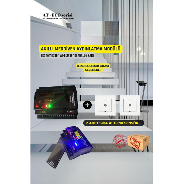 AT-Eco Akıllı Merdiven Aydınlatma Basamak Kontrol Modülü+2 Adet PIR Sensör Kit (Analog Modül)